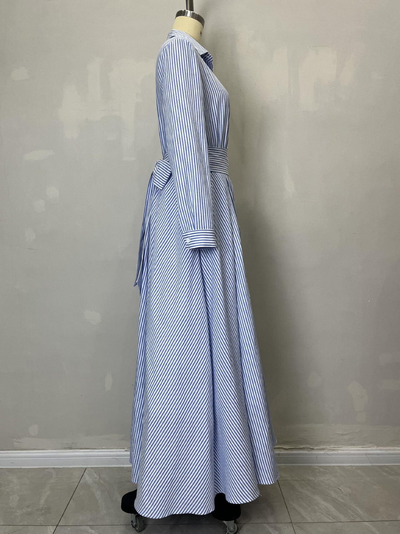 Polo Collar Elegant Cotton Polyester Striped Long Sleeved Pocket Cardigan Lace up Shirt Dress - Modestly Vogue 