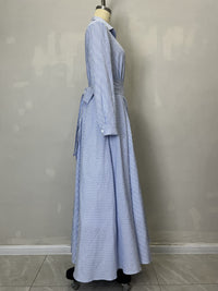 Polo Collar Elegant Cotton Polyester Striped Long Sleeved Pocket Cardigan Lace up Shirt Dress - Modestly Vogue 