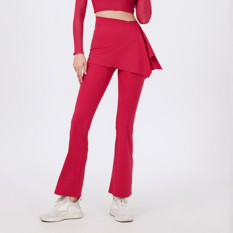 Two-Piece Yoga Set | High-Waist Pleated Bell Bottom Pants And Detachable Skirt - Modestly Vogue 