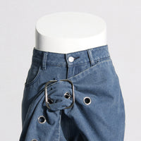 Blue Trendy Big Leaves Gold Accessories Stitching High Waist Wide Leg Jeans Women - Modestly Vogue 