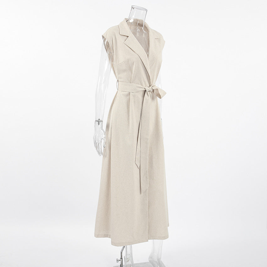 Spring Summer Cotton Linen Belted Office Dress for Women - Modestly Vogue 