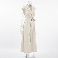 Spring Summer Cotton Linen Belted Office Dress for Women - Modestly Vogue 