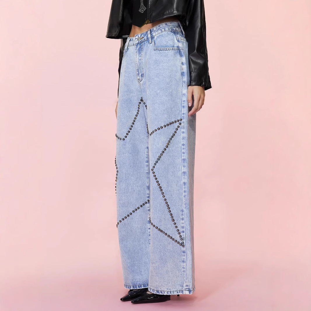Women Clothing Loose Retro Beaded Jeans Trousers - Modestly Vogue 