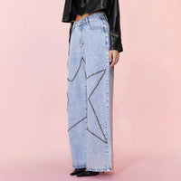Women Clothing Loose Retro Beaded Jeans Trousers - Modestly Vogue 