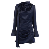 Autumn Winter Irregular Asymmetric Navy Blue Long-Sleeved Dress Women Slim Slimming Sheath - Modestly Vogue 