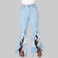 Ripped Washed Denim Stretch Slim Bell Bottom Jeans - Modestly Vogue 