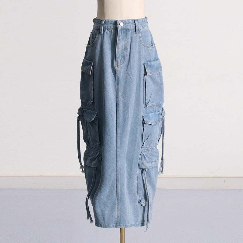 Distressed Retro Washed Denim Skirt – High Waist Multi-Pocket - Modestly Vogue 