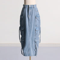 Distressed Retro Washed Denim Skirt – High Waist Multi-Pocket - Modestly Vogue 