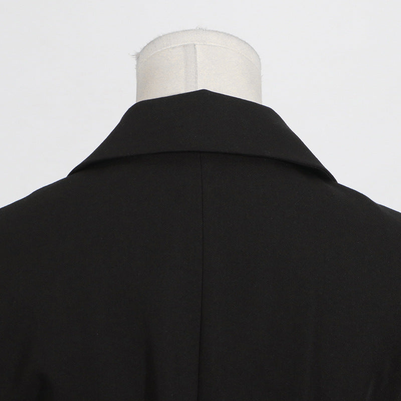 Black Blazer for Women - Simple Spring Autumn Sleeveless Belt Collared Design