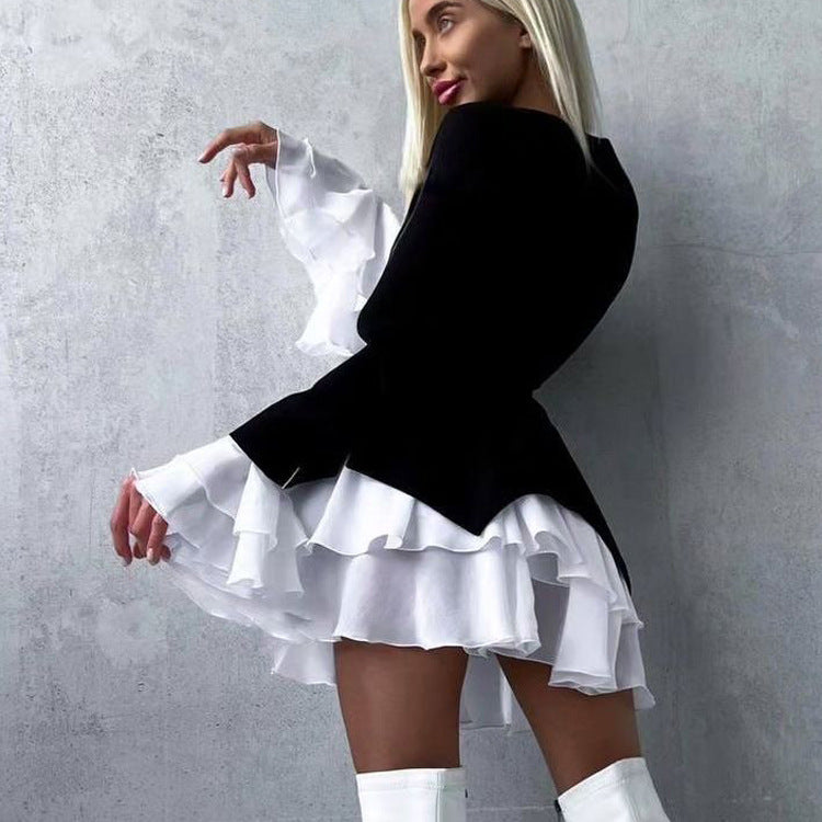 Black & White Color Contrast A-Line Dress – V Neck Flared Sleeves