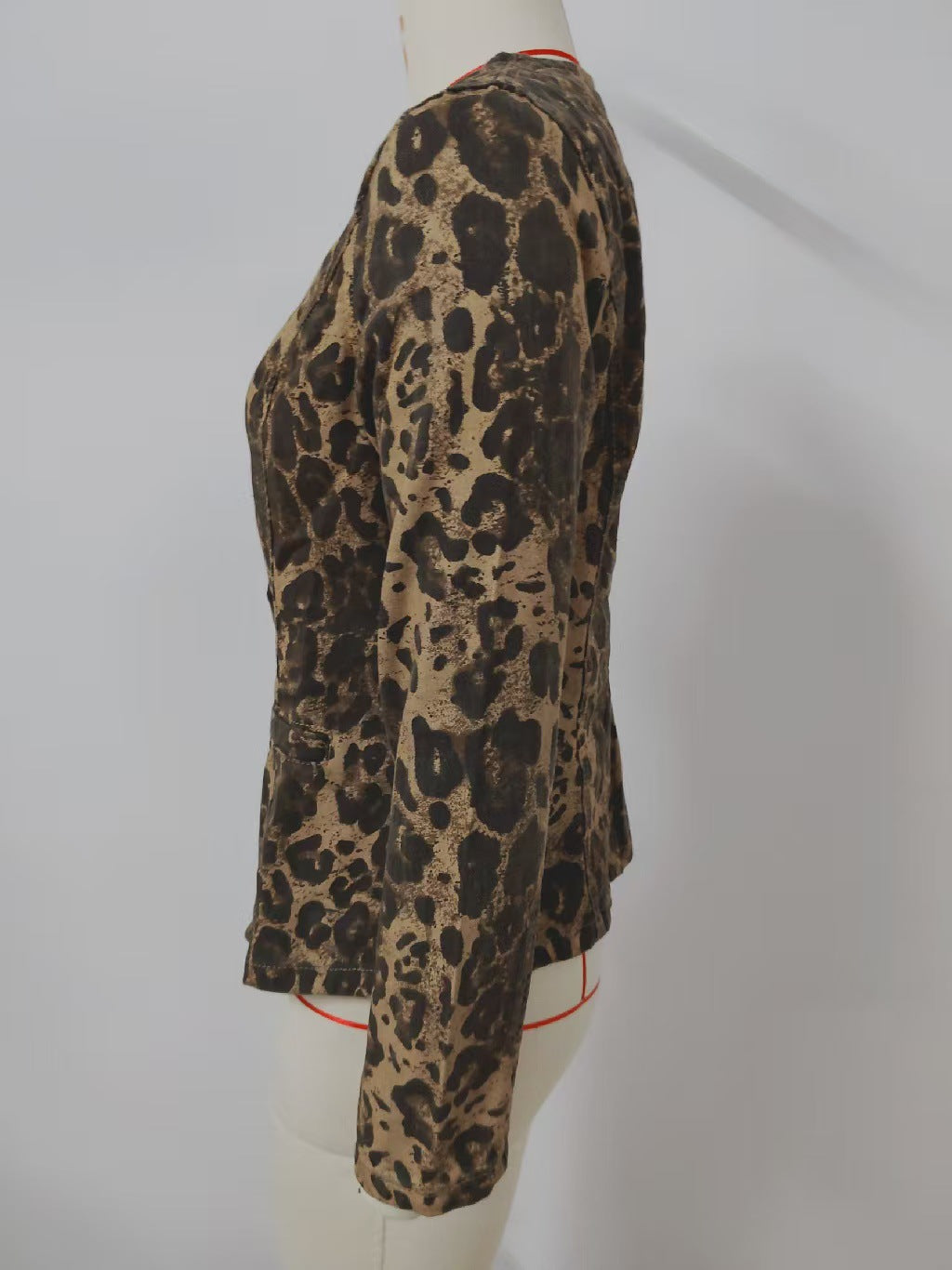 Washed Leopard Print Denim Long Sleeve Top Set for Women