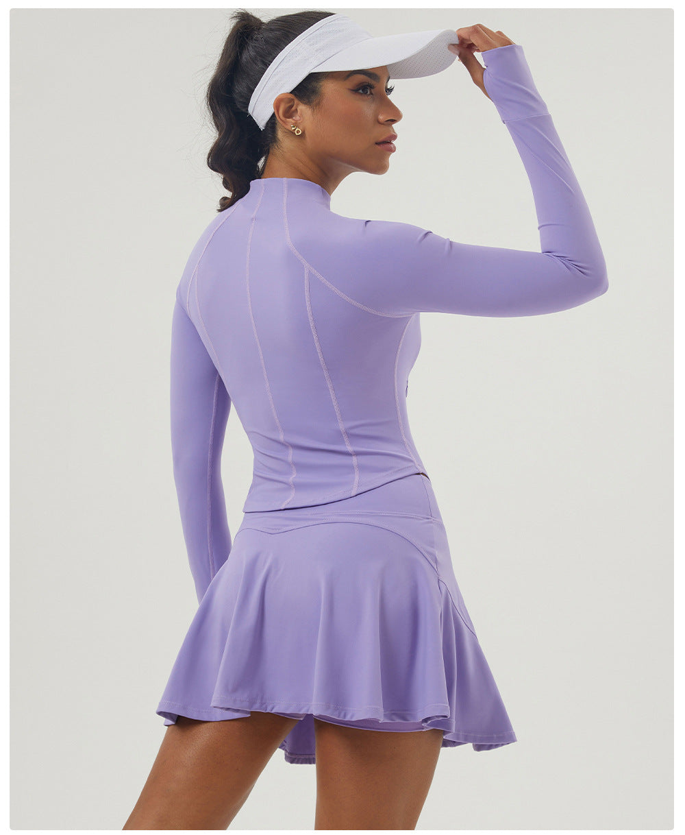 Sports Tennis Skirt Set Pocket Zipper Jacket High Elastic Casual Culottes Two Piece Set - Modestly Vogue 
