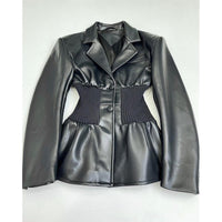 Black  Design Model Faux Leather Jacket Patchwork Knitted Super Tight Waist Contour - Modestly Vogue 