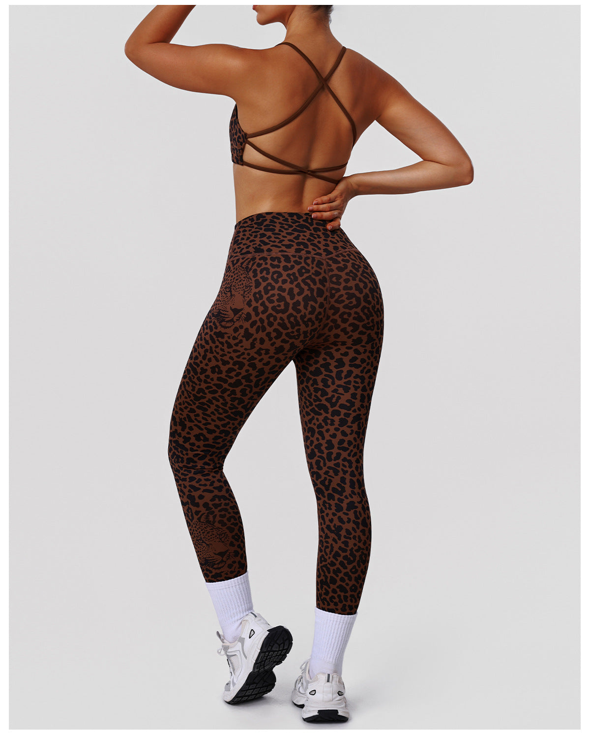 Leopard Print Tight Yoga Women High Waist Hip Raise Pants Thin Strap Beauty Back Exercise Bra Fitness Two Piece Sets - Modestly Vogue 