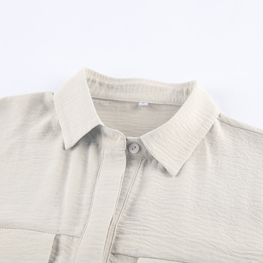 Light Khaki Textured Lace Up Waist Jumpsuit Short Sleeve Jumpsuit - Modestly Vogue 