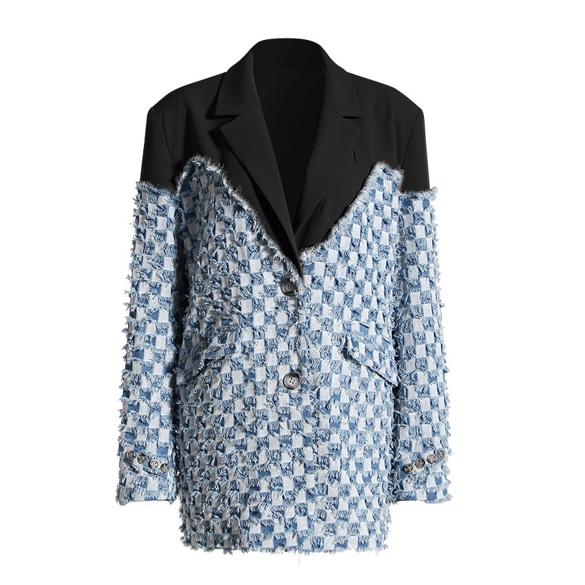 Blue Women Autumn Winter Color Contrast Patchwork Plaid Washed Worn Frayed Hem Denim Jacket
