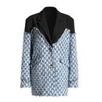 Blue Women Autumn Winter Color Contrast Patchwork Plaid Washed Worn Frayed Hem Denim Jacket