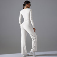 Nude Feel Skin Long Sleeve Yoga Workout Clothes Pocket Running Sports Drawstring Wide Leg Pants Sets - Modestly Vogue 