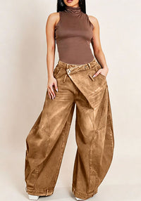 Washed Distressed Pocket Wide Loose Jeans Women