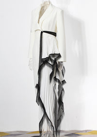 White and Black Asymmetric Pleated Elegant Ruffled Contrast Color Long Blazer Dress - Modestly Vogue 