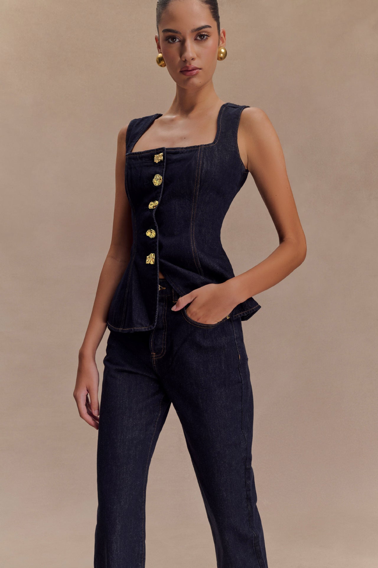 Women Modern Button High Waist Denim Top Trousers Set - Modestly Vogue 