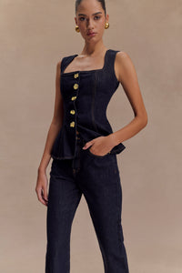 Women Modern Button High Waist Denim Top Trousers Set - Modestly Vogue 