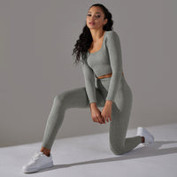 Seamless Knitted Long Sleeve Exercise Workout Pants Quick Drying Jacquard Breathable Hip Lifting Running Yoga Clothes Suit