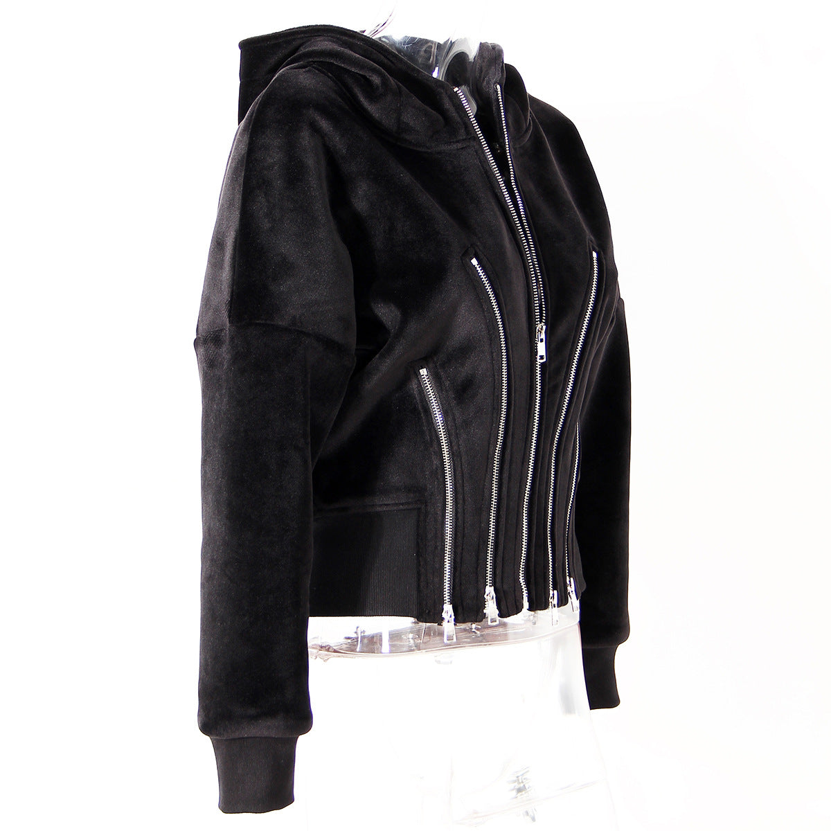 BlackVelvet Hooded for Women Autumn Thickened Composite Multi Metal Zipper Split Waist Trimming Women - Modestly Vogue 