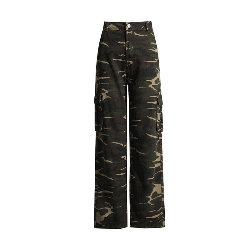 Earthtone High Street Retro Denim Camouflage Pants - Multi Pocket Workwear for Women