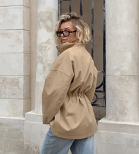 Women Mid Length Drawstring Trench Coat Casual Loose Fit - Modestly Vogue 
