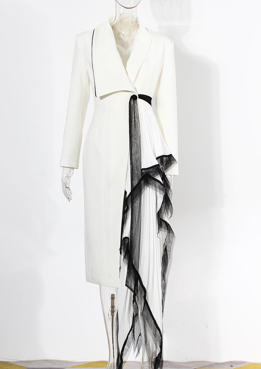White and Black Asymmetric Pleated Elegant Ruffled Contrast Color Long Blazer Dress - Modestly Vogue 