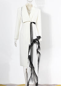White and Black Asymmetric Pleated Elegant Ruffled Contrast Color Long Blazer Dress - Modestly Vogue 