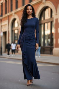 Private Wear Socialite Long Sleeve Thin Strap Slim Dress Autumn Winter Ruffled Maxi Dress - Modestly Vogue 