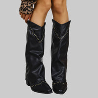 Retro Rivet High Top Western Cowboy Boot Women Long Mid Heel Pointed Toe Slip on Knight Boots Long Bootsh