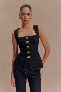 Women Modern Button High Waist Denim Top Trousers Set - Modestly Vogue 