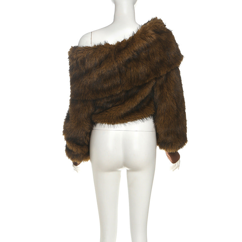 Brown Fur Cropped Of The Shoulder Loose Comfortable Plush Top - Modestly Vogue 
