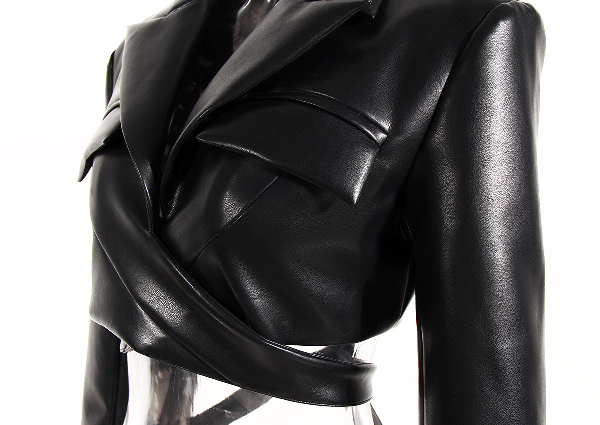 Black Field Full Open Criss Cross Lace Up Waist Controlled Show Chest Long Sleeve Faux Leather Short Coat Women