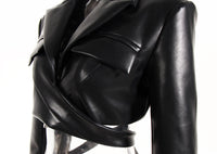 Black Field Full Open Criss Cross Lace Up Waist Controlled Show Chest Long Sleeve Faux Leather Short Coat Women