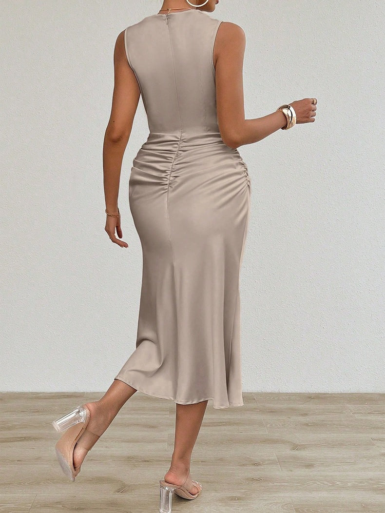 Women’s Pleated Satin Midi Dress – Elegant Summer Style - Modestly Vogue 