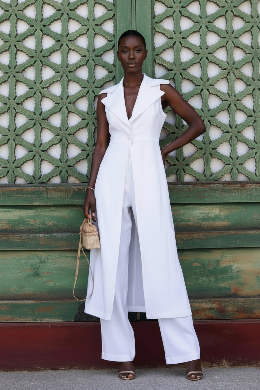 Summer Linen White with Collared Sleeveless Solid Color Work Pant Two Piece Set - Modestly Vogue 