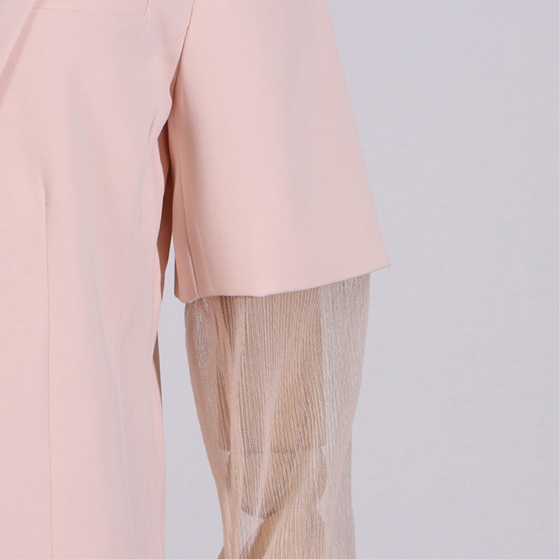 V-Neck Pink Mesh Stitching Long Sleeve Women’s Blazer - Modestly Vogue 