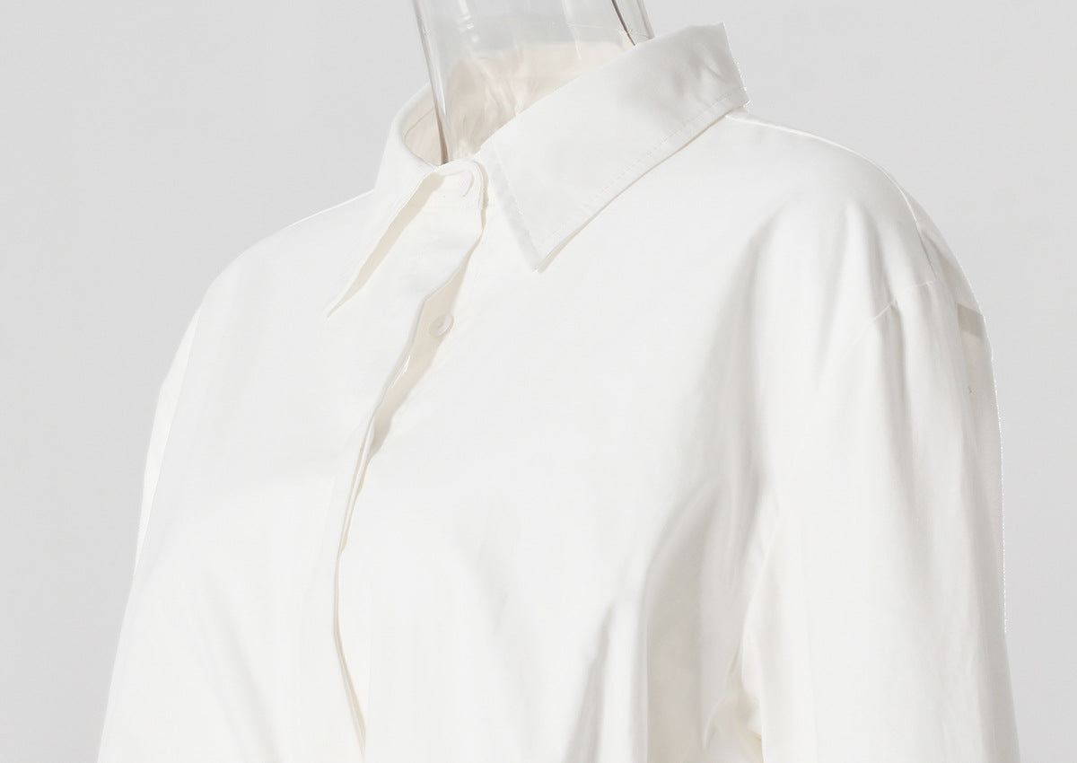 Pleated Waist Belted Mid-Length Shirt – White Casual Fashion Top - Modestly Vogue 