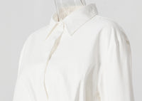 Pleated Waist Belted Mid-Length Shirt – White Casual Fashion Top - Modestly Vogue 