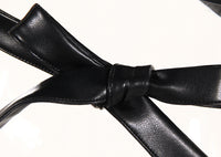 Black Field Full Open Criss Cross Lace Up Waist Controlled Show Chest Long Sleeve Faux Leather Short Coat Women