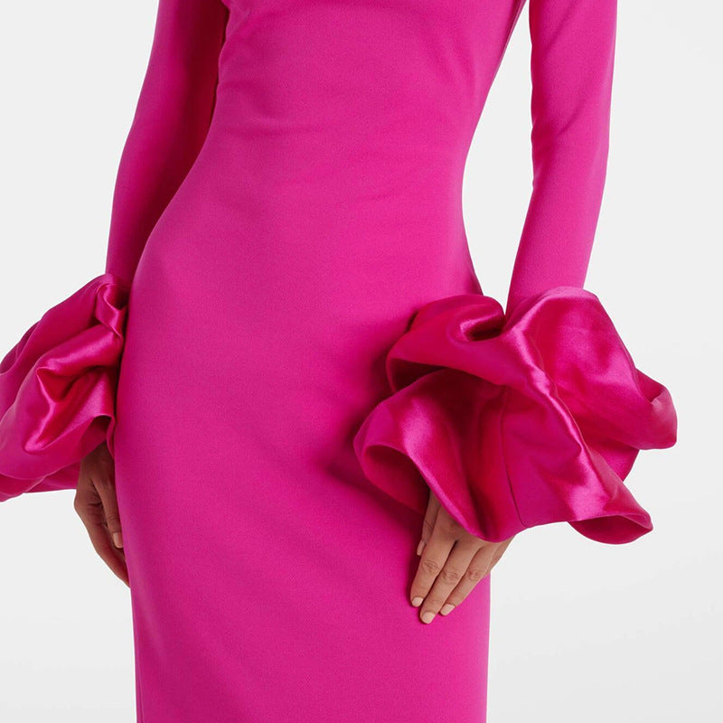 Pink High Neck Collar Cuff Large Floral Maxi Formal Dress - Modestly Vogue 