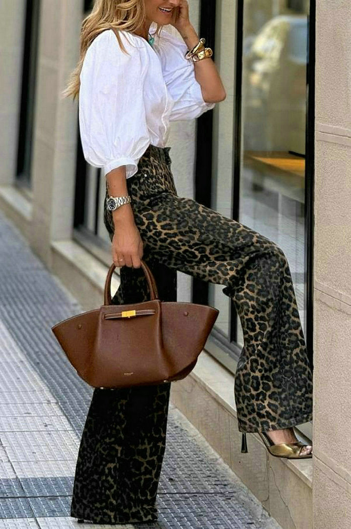 V neck Puff Sleeve White Shirt High Waist Retro Leopard Print Wide Leg Pants Two Piece Sets - Modestly Vogue 