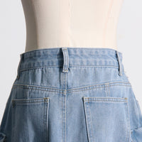 Distressed Retro Washed Denim Skirt – High Waist Multi-Pocket - Modestly Vogue 