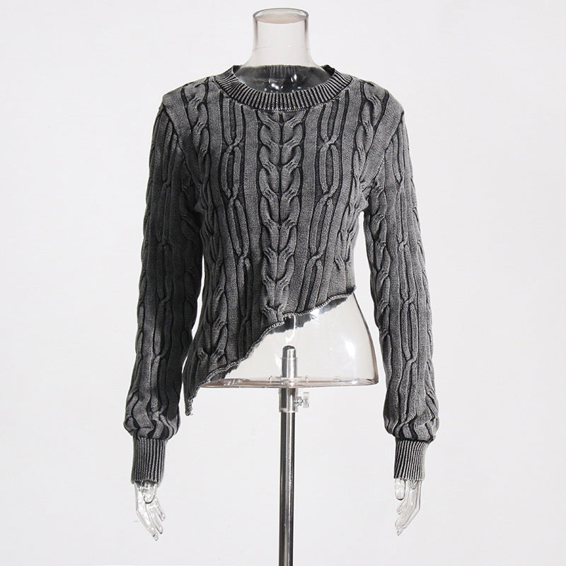 Pastel Idle Niche Irregular Asymmetric Hem Distressed Figure Flattering Short Sweater for Women
