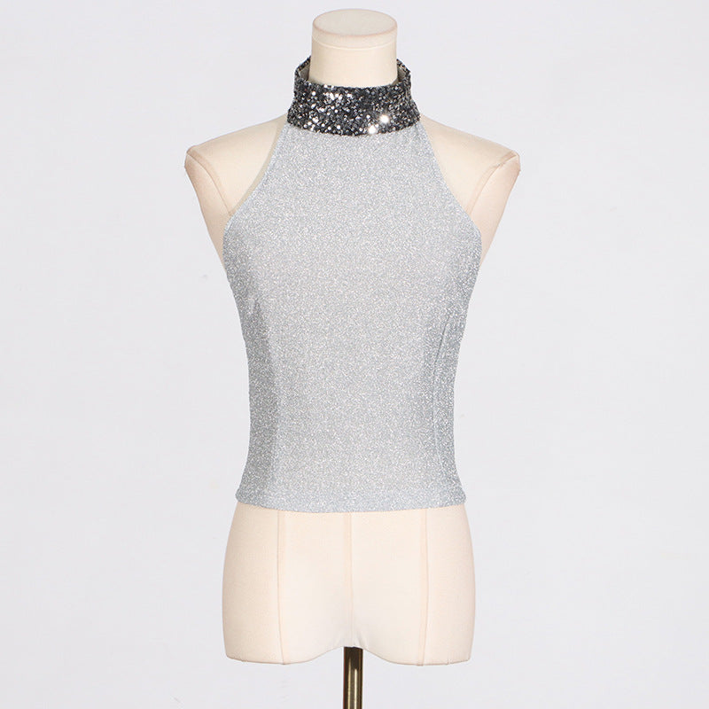 Halter Knitted Sequin Collar High Neck Tank Top - Modestly Vogue 
