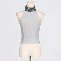 Halter Knitted Sequin Collar High Neck Tank Top - Modestly Vogue 
